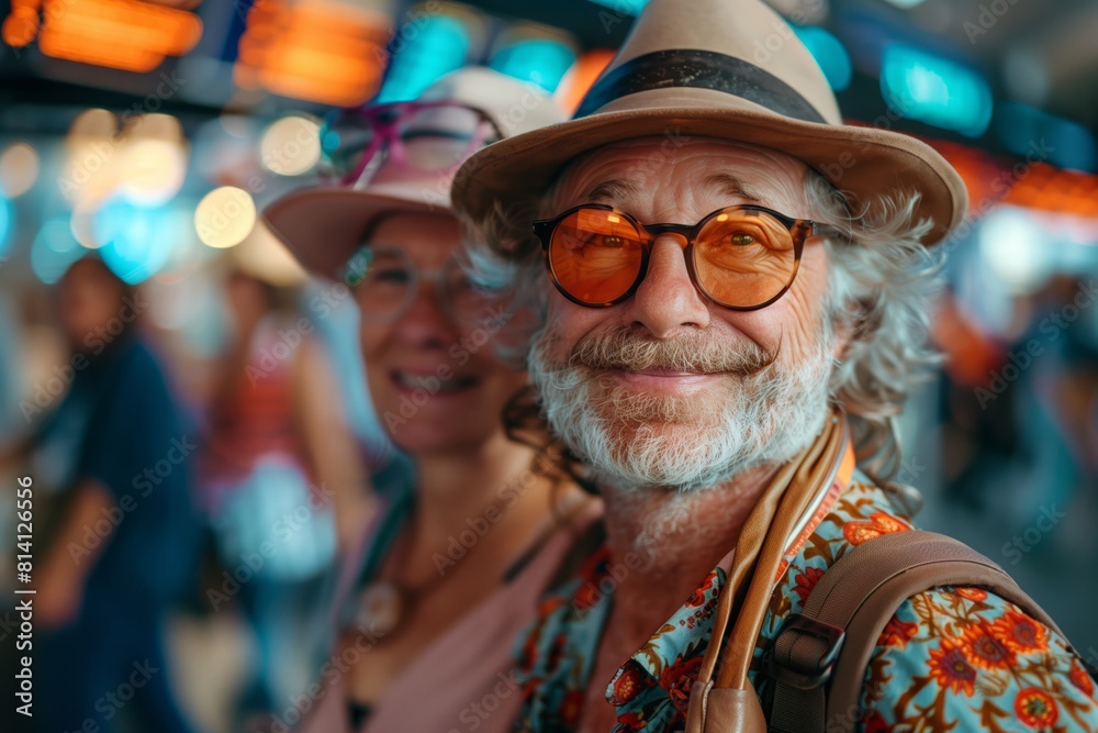 happy and wealthy elderly couple at the airport checking in, travel concept