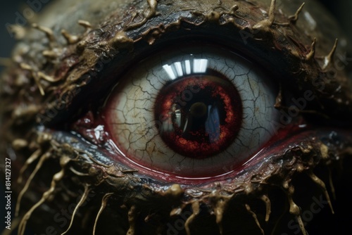 High-detail macro shot of a scary monster eye with red iris and veiny sclera