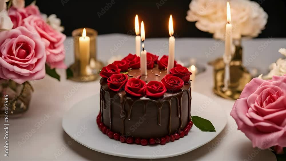 A birthday cake with lit candles on top of it. Generative ai, chocolate roses cake, desserts video, stock video, stock food videos, seamless looping, 4k resolution, celebration videos, relaxing videos A birthday cake with lit candles on top of it. Generative ai, chocolate roses cake, desserts video, stock video, stock food videos, seamless looping, 4k resolution, celebration videos, relaxing videos