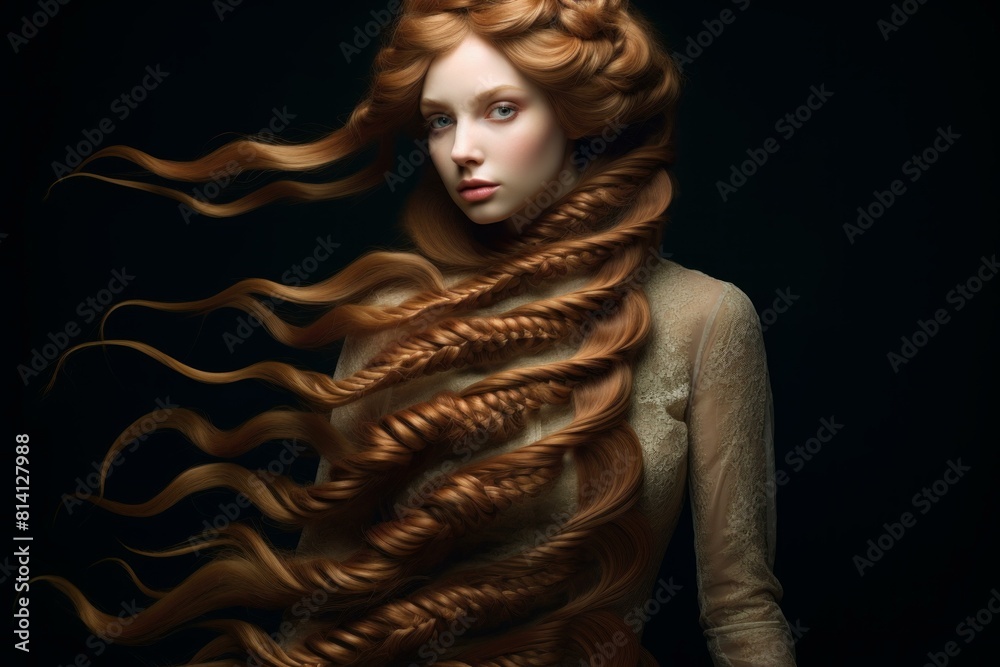 Portrait of a young woman with stunning, long auburn hair styled artistically on dark background Portrait of a young woman with stunning, long auburn hair styled artistically on dark background