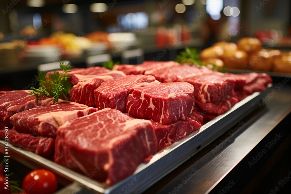 Raw beef meat on display in a butcher shop, shallow depth of field Raw beef meat on display in a butcher shop, shallow depth of field