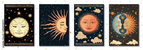 Unique set of vector illustrations featuring stylized sun and moon images with a mystical atmosphere and folklore-inspired motifs. Each illustration is ideal for A4 format posters, covers, and prints.