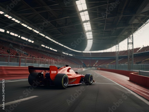 Red race car driving down a track with a background of a stadium and a red fence