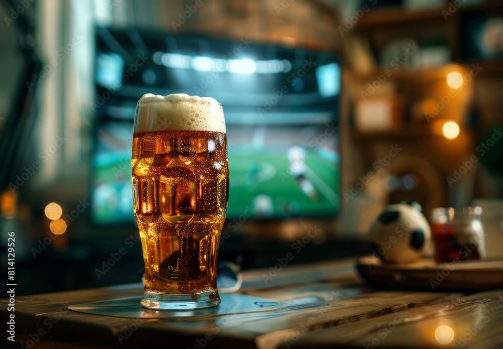 Glass of cold beer on the table, football match in background Glass of cold beer on the table, football match in background