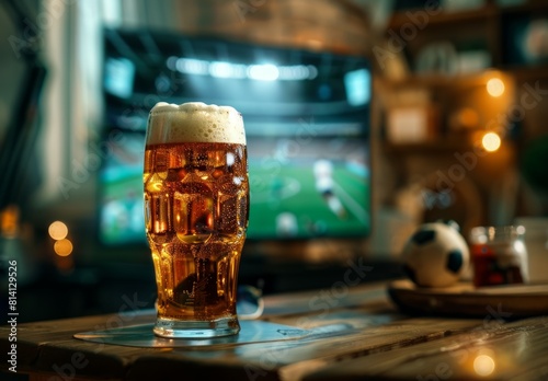 Glass of cold beer on the table, football match in background photo