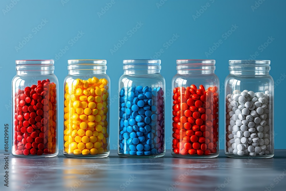 Colorful candies in clear jars against a blue background. Ideal for themes of choice, variety, and storage in retail and educational contexts Colorful candies in clear jars against a blue background. Ideal for themes of choice, variety, and storage in retail and educational contexts