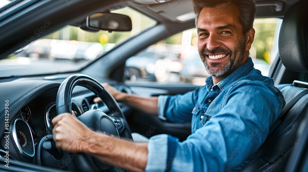 Smiling man enjoys driving in his car during sunny day. Casual style, modern vehicle, joyful ride. Feeling of freedom on the road. Perfect for lifestyle themes. AI Smiling man enjoys driving in his car during sunny day. Casual style, modern vehicle, joyful ride. Feeling of freedom on the road. Perfect for lifestyle themes. AI