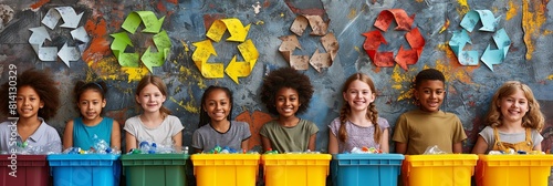 Young students engaging in recycling. Diverse group of children sorting waste into colorful bins, promoting environmental awareness in education