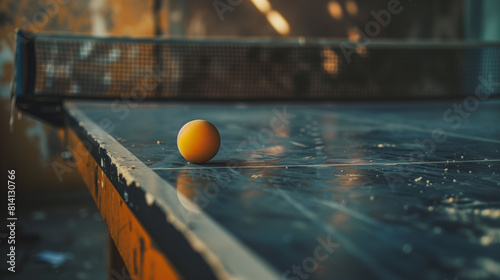 Orange ping-pong balls on the blue tennis table photo