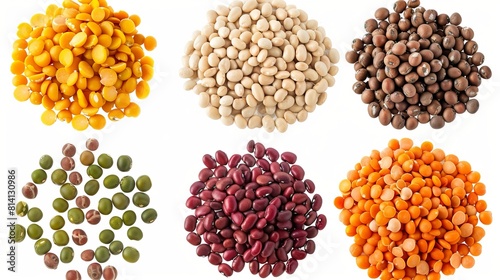 The assortment includes different types of legumes such as lentils, chickpeas, beans, and peas, each showcasing its unique color, texture, and shape. 