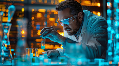 Focused scientist examining samples in a futuristic lab. Ideal for depicting innovation in science and technology, great for educational and commercial use