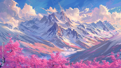 Art of snowy mountains with pink flowers in foreground