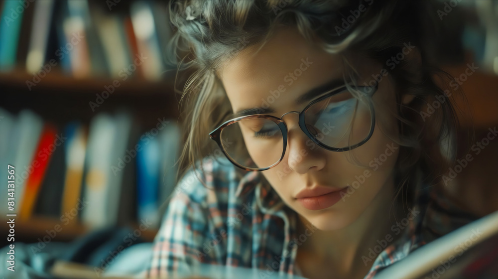 A woman reading a book in a library. A woman reading a book in a library.