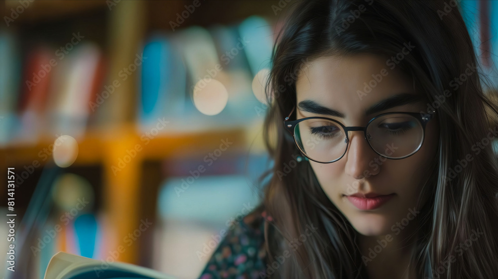 A woman in glasses reading a book in a library. A woman in glasses reading a book in a library.