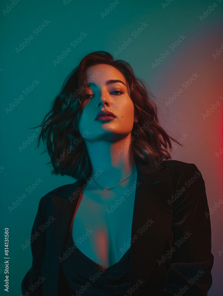 A woman in black dress and jacket posing in front of a neon light.