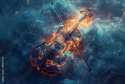 Fiery violin amidst swirling blue smoke, evoking a dramatic orchestral crescendo photo