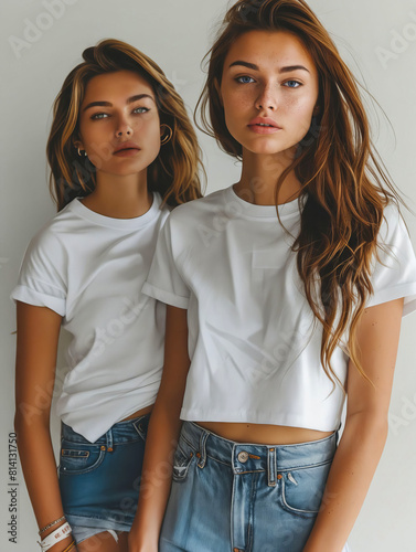 Two young women wearing white t - shirts and denim shorts. photo