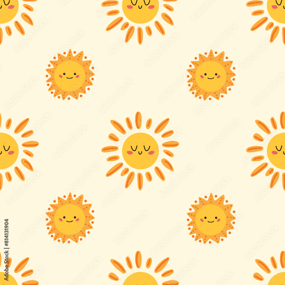 Seamless pattern with a cute sun. Summer positive pattern for kids. Print for children's fabric, textile.