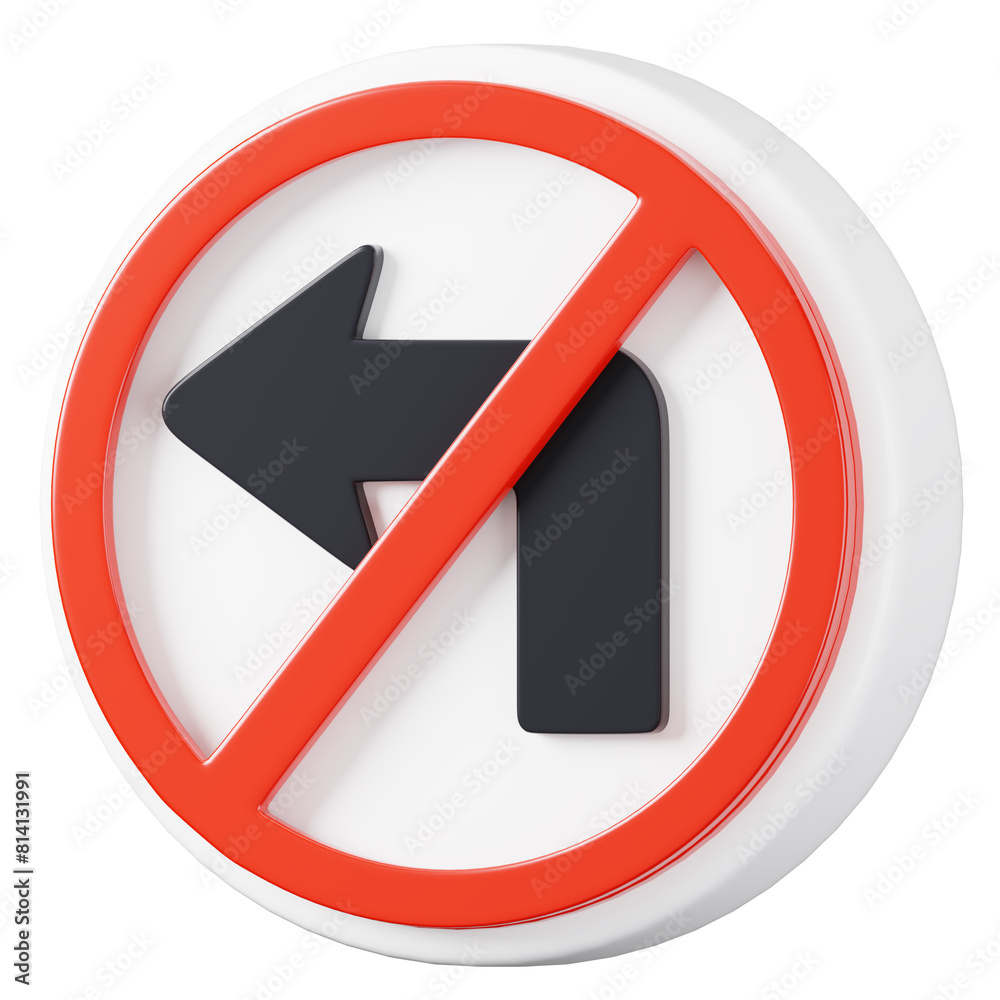 No left turn sign isolated. Traffic mandatory road sign board. 3D rendering No left turn sign isolated. Traffic mandatory road sign board. 3D rendering