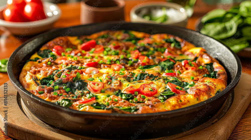 A pizza with spinach and tomatoes is sitting on a wooden table. The pizza is cut into slices and is ready to be eaten A pizza with spinach and tomatoes is sitting on a wooden table. The pizza is cut into slices and is ready to be eaten