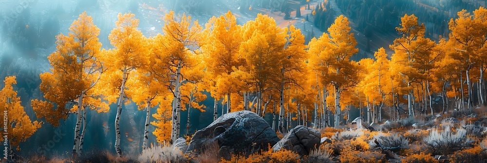 A cluster of golden yellow aspen tress in the Rocky Mountains on a hillside realistic nature and landscape