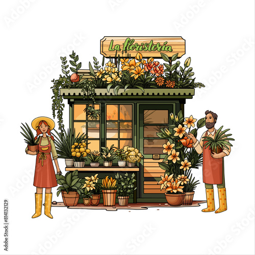 flower shop with sellers. Vector illustration