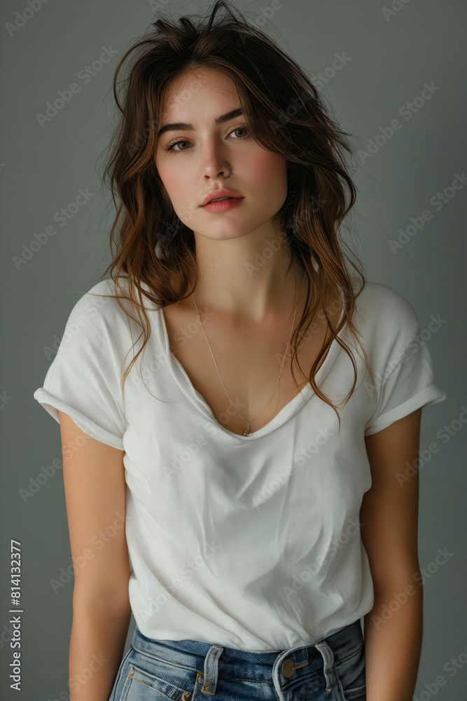 Fototapeta premium A young woman in jeans and white t - shirt.
