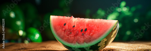 Horizontal header with watermelon. Fresh ripe red fruit on wooden table. Banner with summer concept. Summer tastes title for an article, blog on the topic of vegetarianism, nutrition, diet. photo