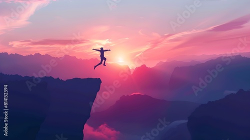Silhouette of a person leaping between cliffs at sunset. Freedom and adventure concept with vibrant colors. Inspirational lifestyle image. AI