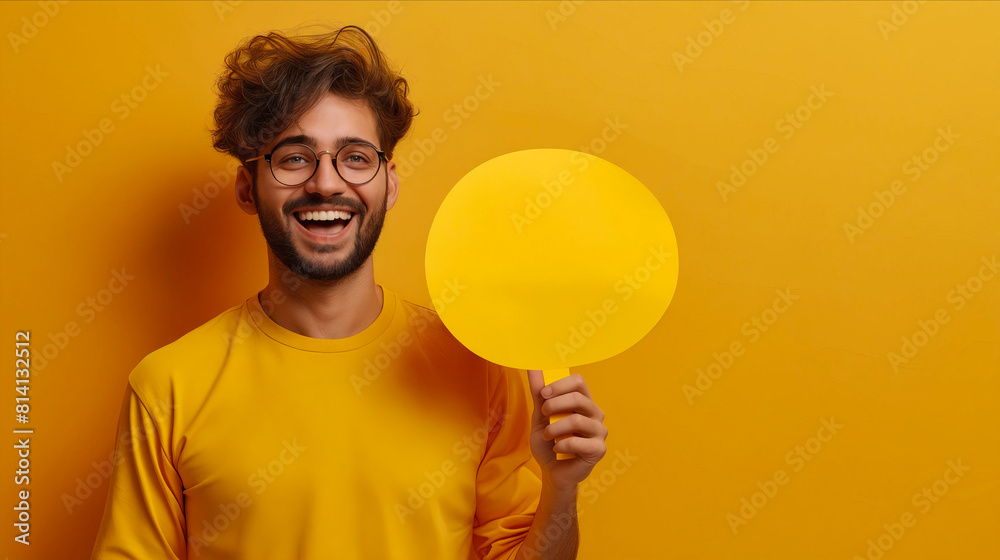 Young man holding a yellow circle on yellow background. Young man holding a yellow circle on yellow background.