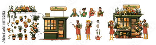 flower shop with sellers. Vector illustration