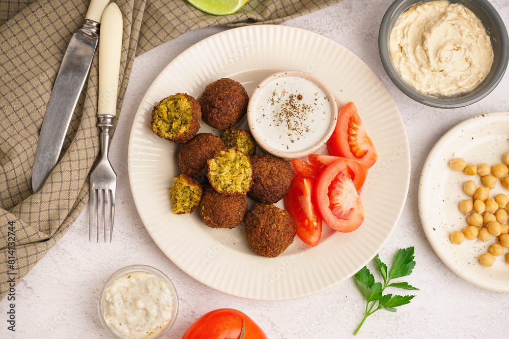 Plate with delicious falafel balls, sauce, chickpea and tomatoes on light background