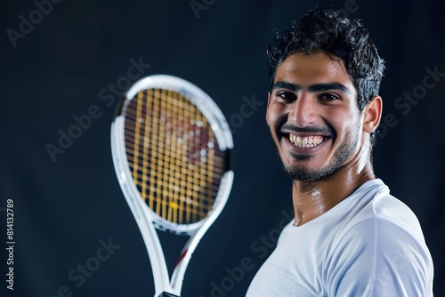 Smiling male tennis player with racquet on dark background © Larisa