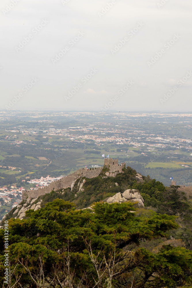 View of the Moorish Castle from the Moorish Castle in Sintra Portugal
