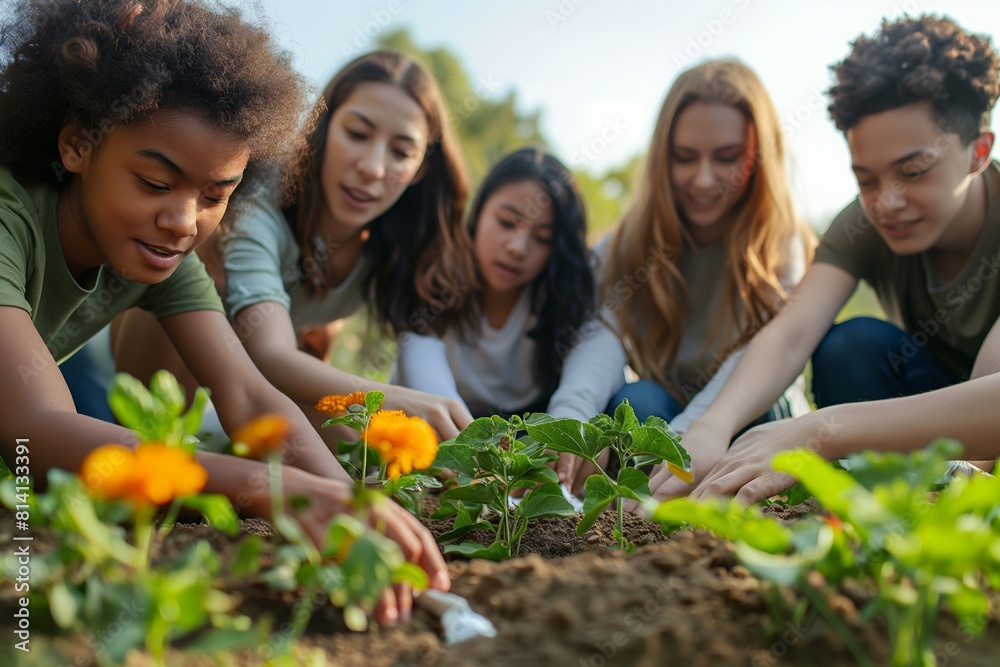 Diverse group of teenagers planting flowers in a community garden. A vivid representation of teamwork and environmental care, ideal for educational and ecological campaigns