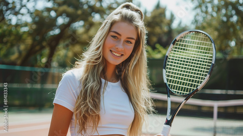 Smiling woman holding tennis racket on court in sunlight © Larisa