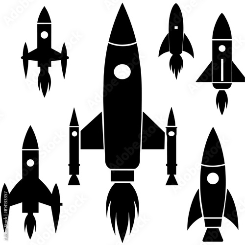a high resolution vector bundle of rocket ship silhouettes, featuring a variety of rocket spaceship