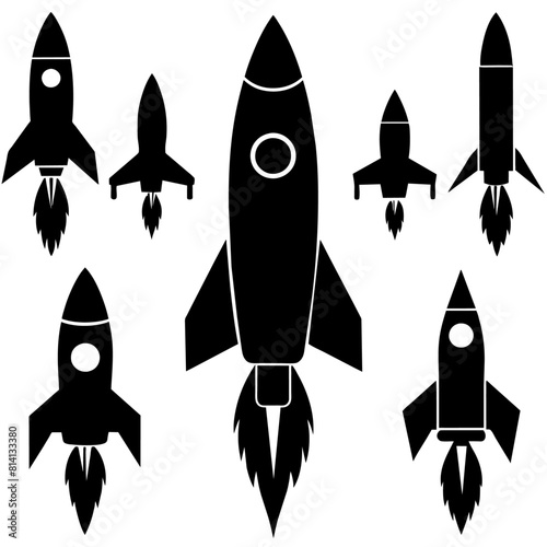 a high resolution vector bundle of rocket ship silhouettes, featuring a variety of rocket spaceship