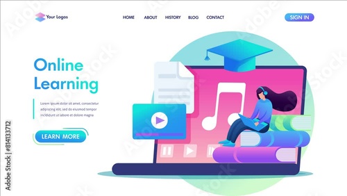 Girl listening to audio lessons, online training. Flat 2D character. Landing page concepts and web design