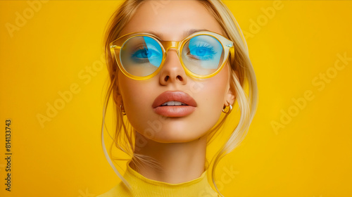 A woman wearing yellow sunglasses on a yellow background.