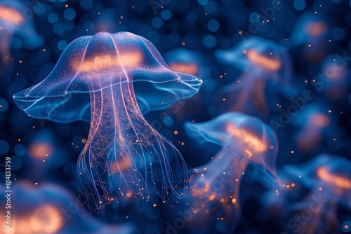 Bioluminescent jellyfish glowing in deep blue water. Captures the mysterious beauty of ocean life, ideal for educational and environmental projects photo