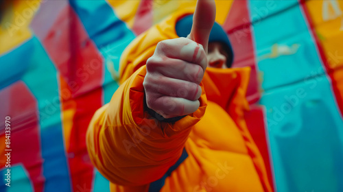 A person in an orange jacket with a thumbs up. photo