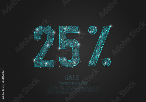 Abstract isolated blue 25 percent sale concept. Polygonal illustration looks like stars in the blask night sky in spase or flying glass shards. Digital design for website, web, internet.