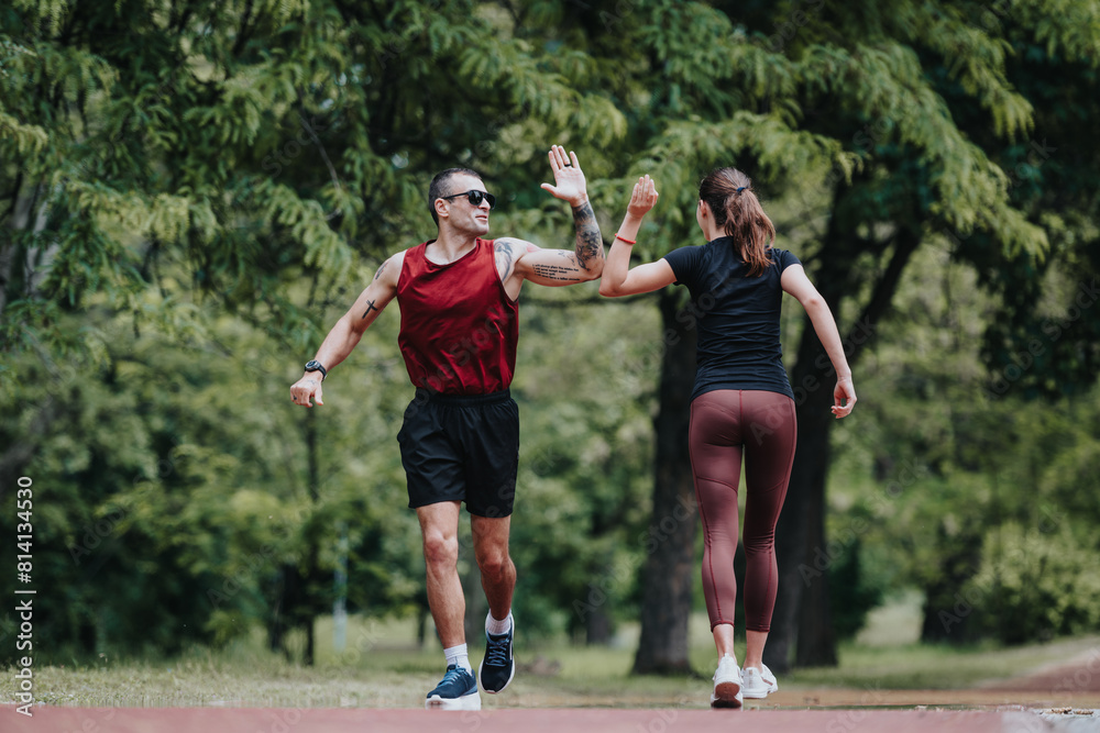 Fototapeta premium A man and woman celebrate their fitness goals by high-fiving during a run on a scenic outdoor track. They exhibit joy and teamwork in a natural setting.