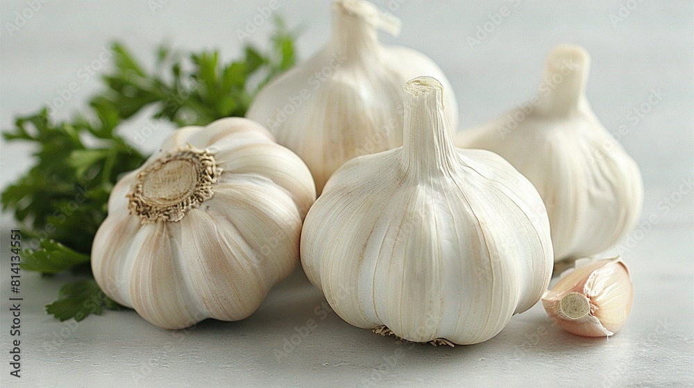 Obraz premium A bowl of garlic and parsley sits atop a white countertop
