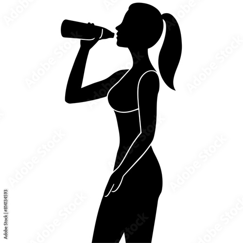 a realistic woman drink water from bottle full body top to bottom vector silhouette