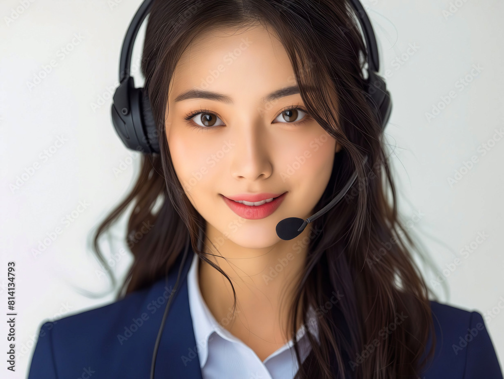 Asian woman in business suit with headset. Asian woman in business suit with headset.