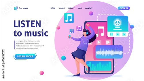 Young girl listens to music on the smartphone through the app, dancing and rejoicing. Flat 2D character. Landing page concepts and web design