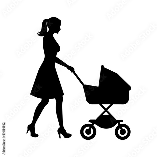 a woman walking with her baby sitting on the baby wheel car vector silhouette