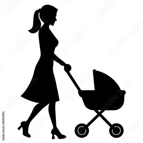 a woman walking with her baby sitting on the baby wheel car vector silhouette